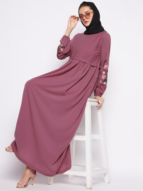 Nabia Puce Pink Nida Matte Fabric Embroidery Abaya For Women With Georgette Scarf
