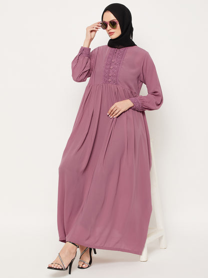 Nabia Puce Pink Lace work Women Abaya with Georgette Scarf