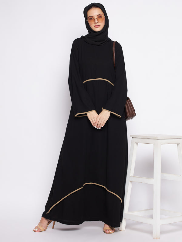 Nabia Black Nida Matte Fabric Piping Design Double Layer Abaya For Women With Georgette Scarf