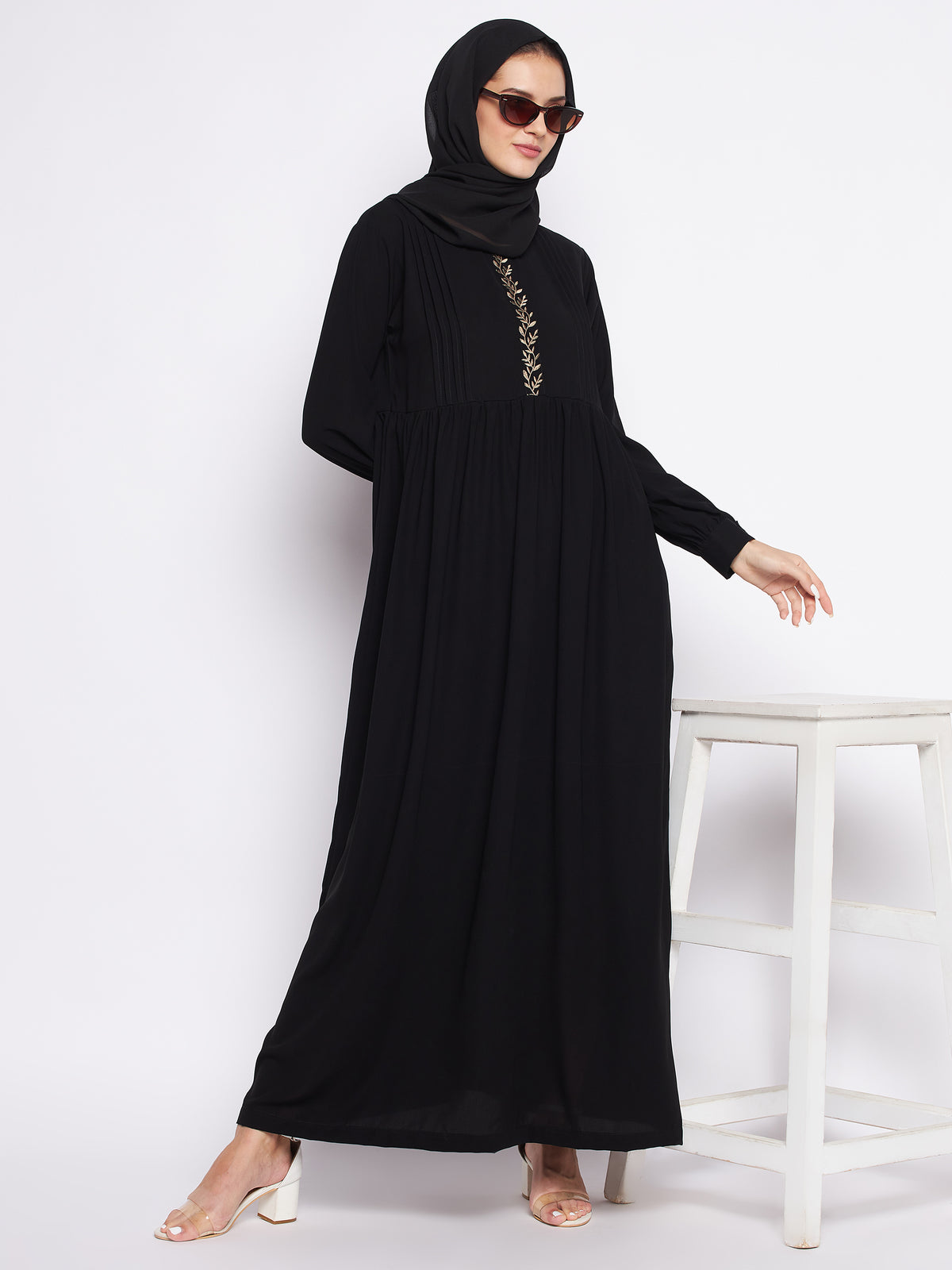 Nabia Black Solid Nida Matte Fabric Abaya For Women With Georgette Scarf