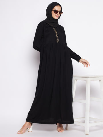 Nabia Black Solid Nida Matte Fabric Abaya For Women With Georgette Scarf