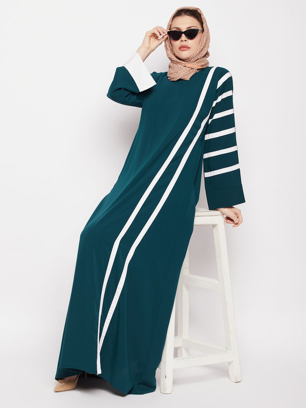 Nabia Women Bottle Green & White Solid A-line Nida Matte Fabric Abaya Burqa With Black Georgette Scarf