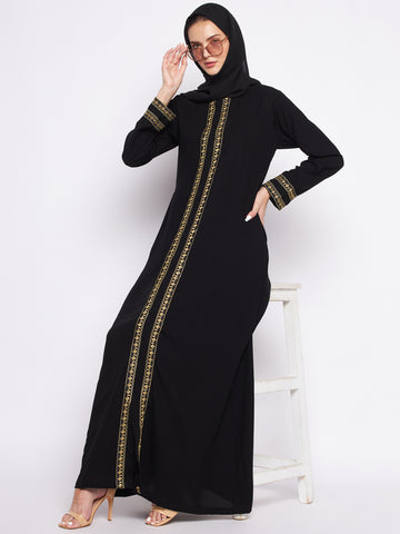 Nabia Black Solid Nida Matte Fabric Abaya For Women With Georgette Scarf