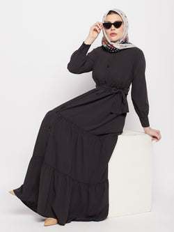 Nabia Women Olive Black Solid Frilled Nida Matte Fabric Abaya Burqa With Black Georgette Scarf
