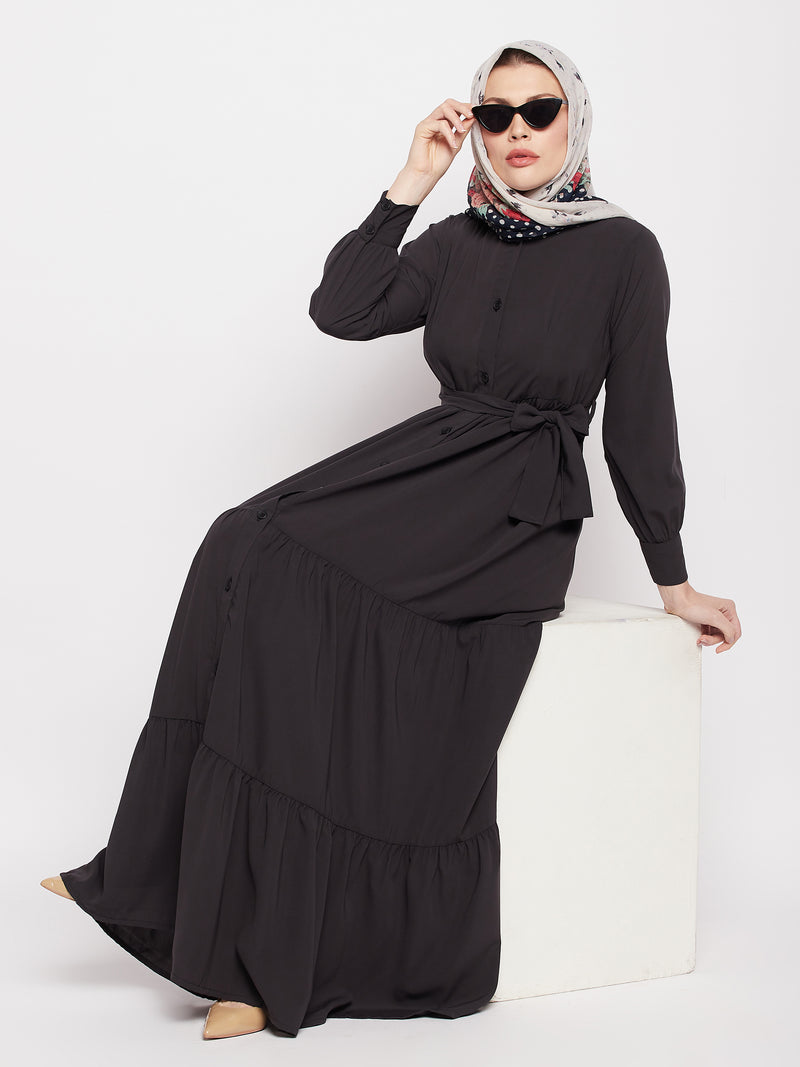 Nabia Women Olive Black Solid Frilled Nida Matte Fabric Abaya Burqa With Black Georgette Scarf