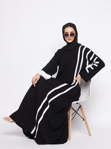 Nabia Black & White A-line Nida Matte Fabric Abaya For Women With Georgette Scarf