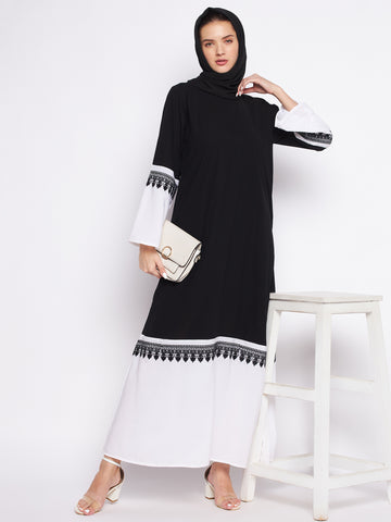 Nabia Black & White Nida Matte Fabric Abaya For Women With Georgette Scarf