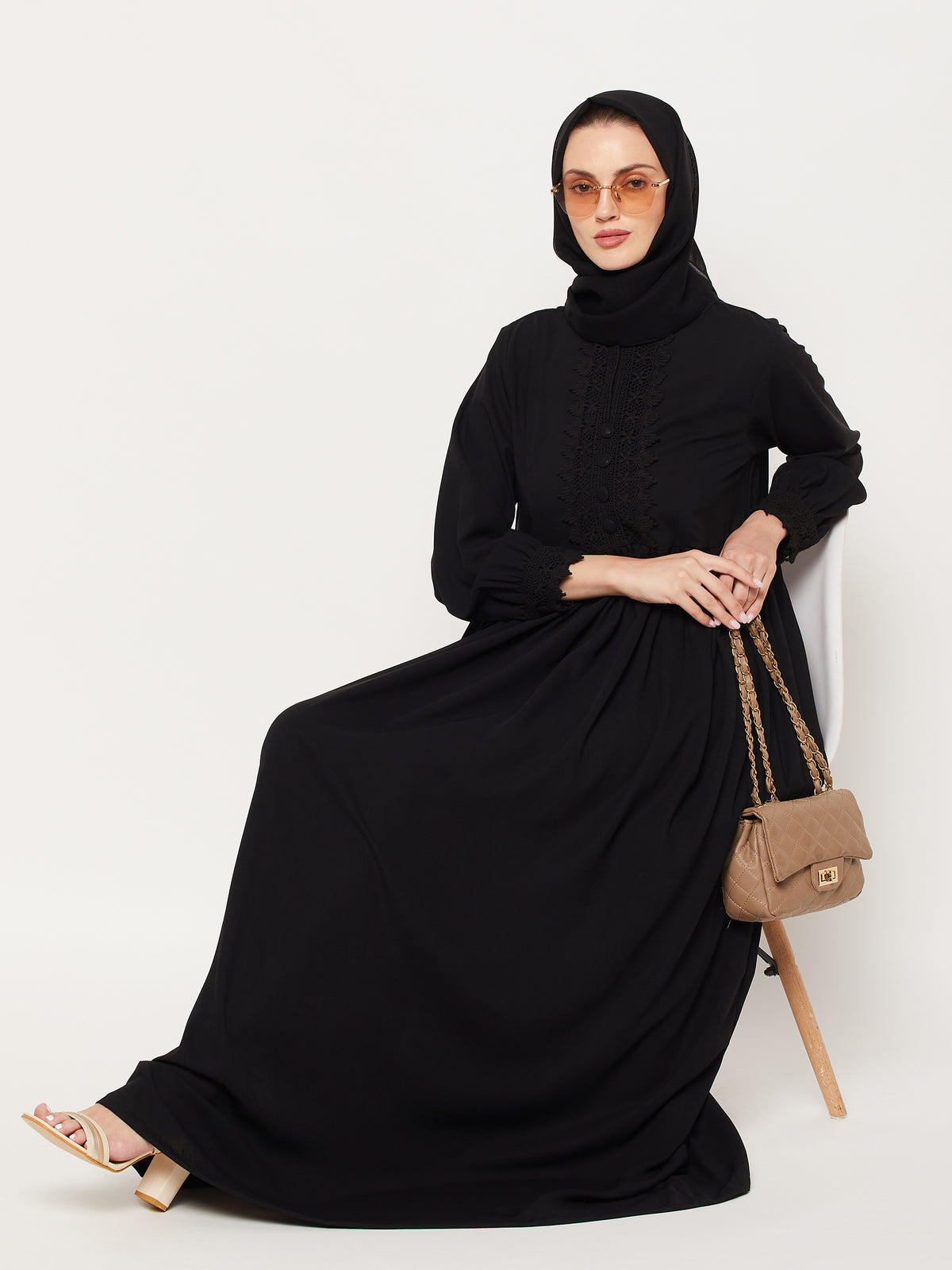 Nabia Black Lace Nida Matte Women Abaya With Georgette Scarf