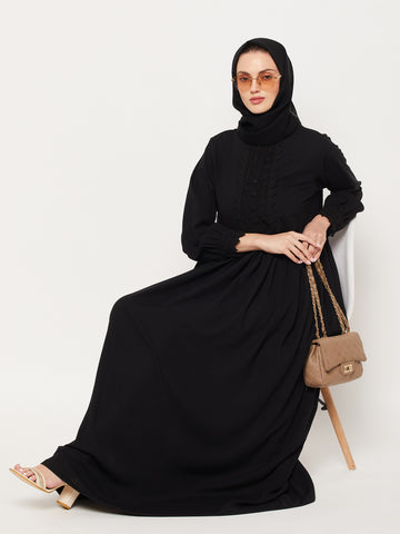 Nabia Black Lace Nida Matte Women Abaya With Georgette Scarf