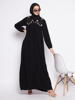 Nabia Black Nida Matte Fabric Embroidery Abaya For Women With Georgette Scarf