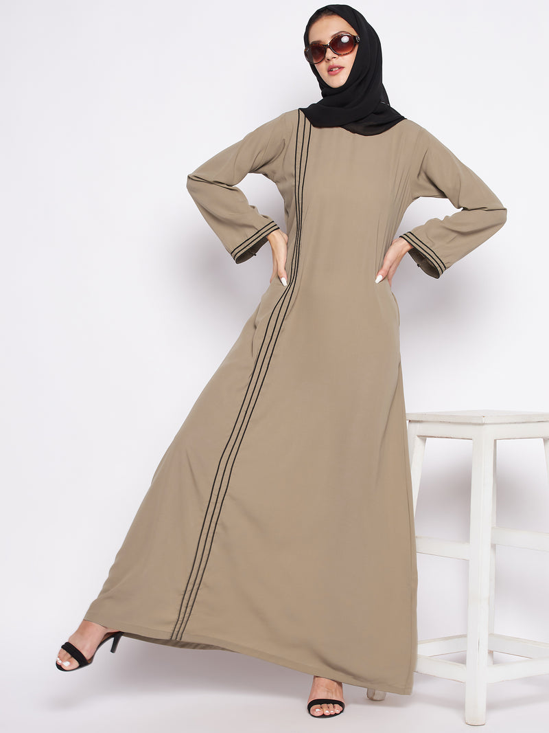 Nabia Beige A-line Nida Matte Fabric Abaya For Women With Georgette Scarf