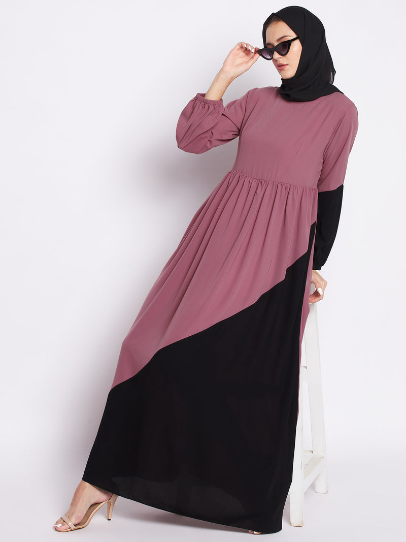 Puce Pink & Black Nida Matte Fabric Abaya For Women With Georgette Scarf
