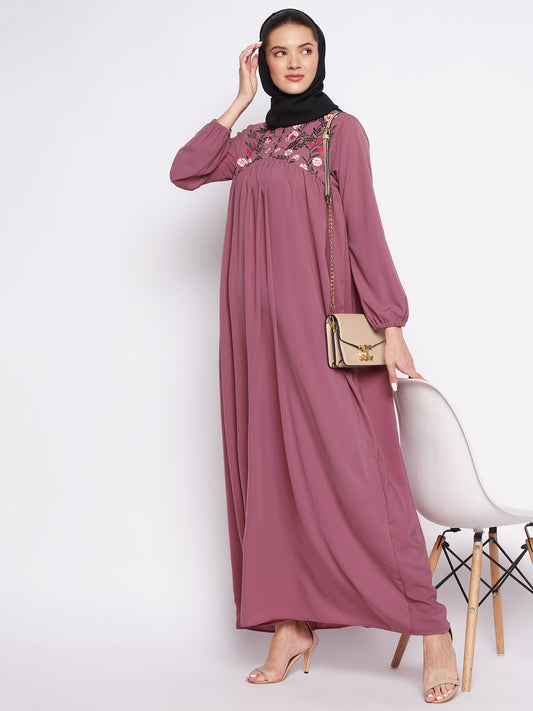 Nabia Puce Pink Embroidery Abaya/Burqa for Women with Georgette Scarf