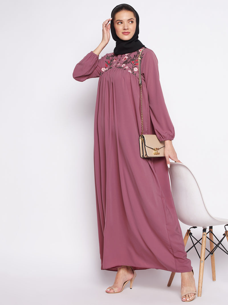Nabia Puce Pink Nida Matte Fabric Embroidery Abaya For Women With Georgette Scarf