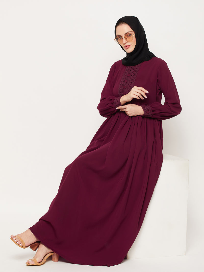 Nabia Maroon Lace Work Nida Matte Women Abaya With Georgette Scarf