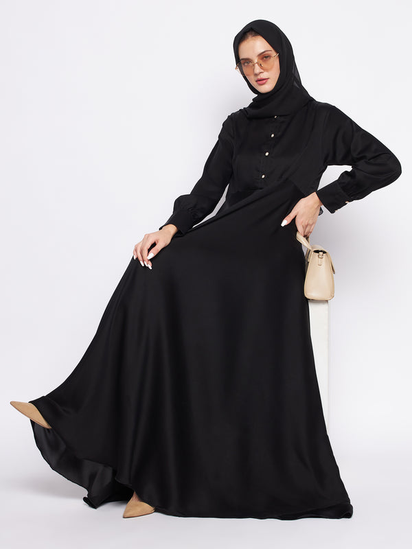 Nabia Black Solid Nida Fabric Abaya For Women With Georgette Scarf