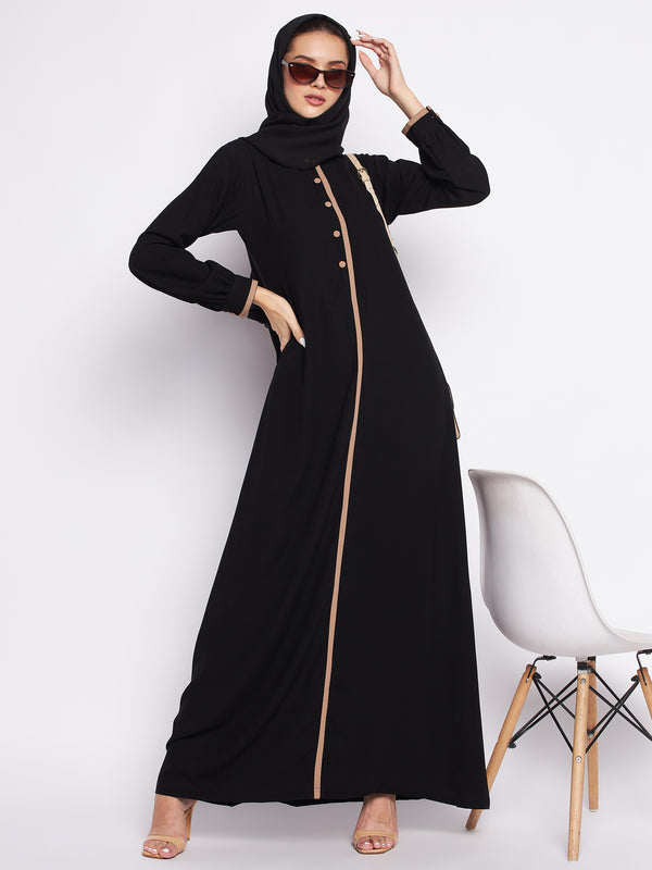 Nabia Black Solid Nida Matte Fabric Abaya For Women With Georgette Scarf
