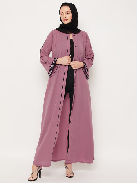 Nabia Puce Pink Front Open Embroidery Work Women Abaya With Georgette Scarf