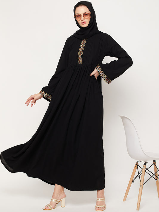 Clearance: Black Embroidery  Abaya With Georgette Scarf
