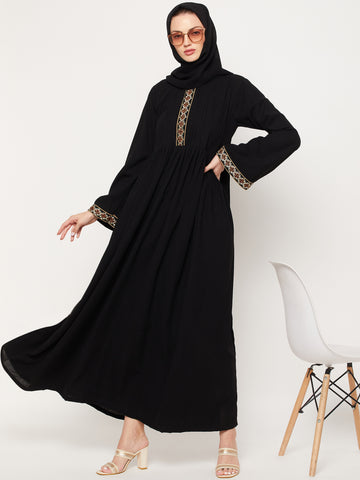 Nabia Black Nida Matte Fabric Embroidery Design Women Abaya With Georgette Scarf
