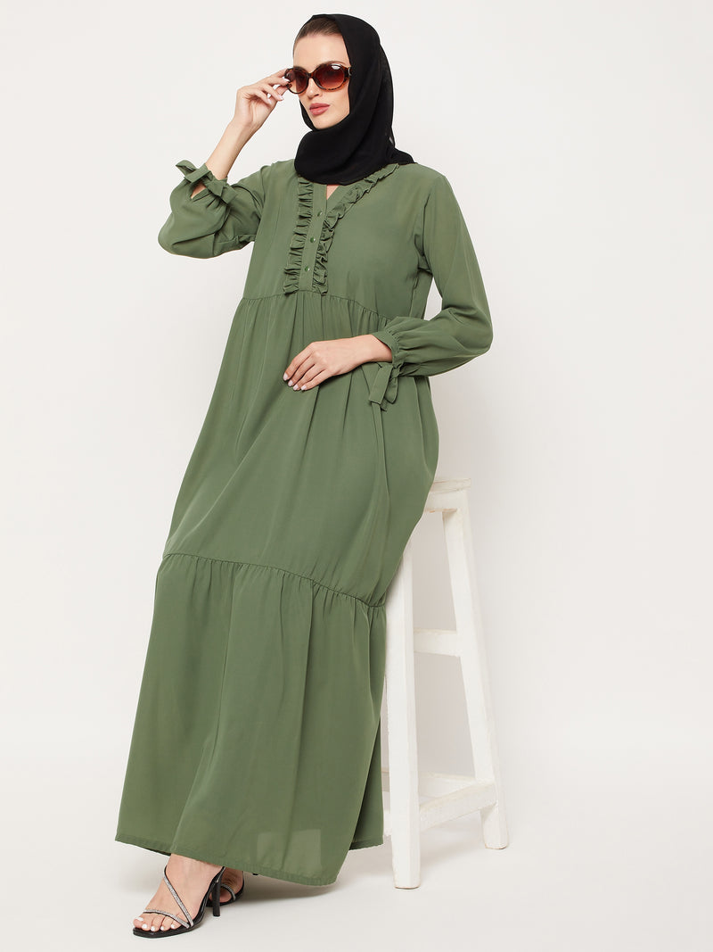 Nabia Jade Green Ruffle Nida Matte Fabric Women Abaya With Georgette Scarf