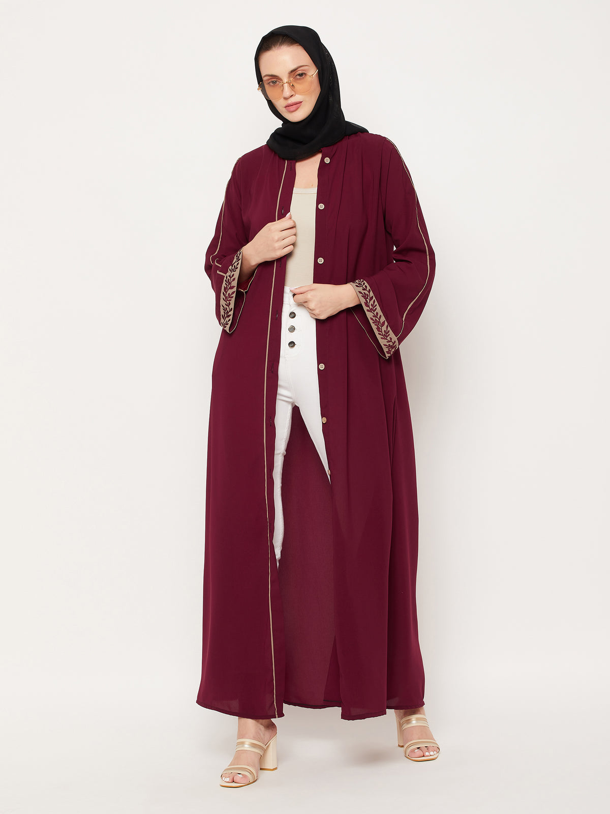 Nabia Maroon Front Open Embroidery Work Women Abaya With Georgette Scarf