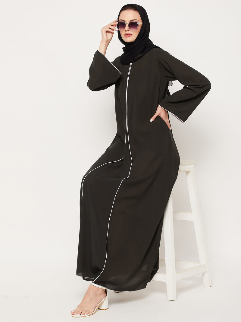 Nabia Olive Green Nida Matte Fabric Abaya With Georgette Scarf