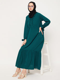 Nabia Bottle Green Ruffle Design Nida Matte Fabric Women Abaya With Georgette Scarf