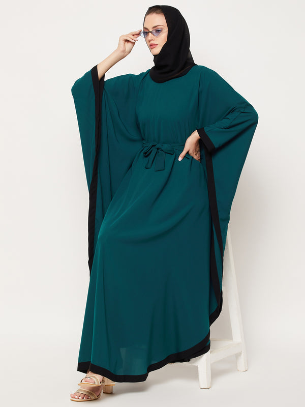 Nabia Bottle Green Nida Matte Full Length Kaftan Abaya With Georgette Scarf