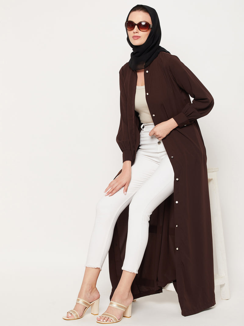 Nabia Brown Nida Mate Fabric Front Open Abaya With Georgette Scarf