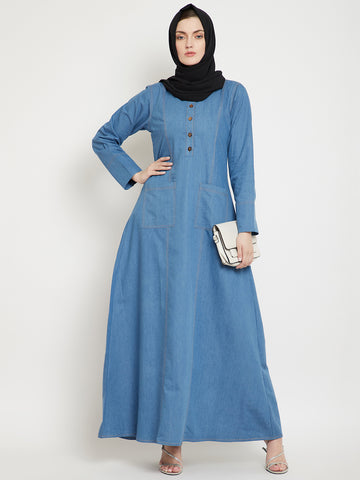 Nabia Women Blue Solid Denim Cotton Fabric Abaya with 2 Patch Pockets With Georgette Scarf