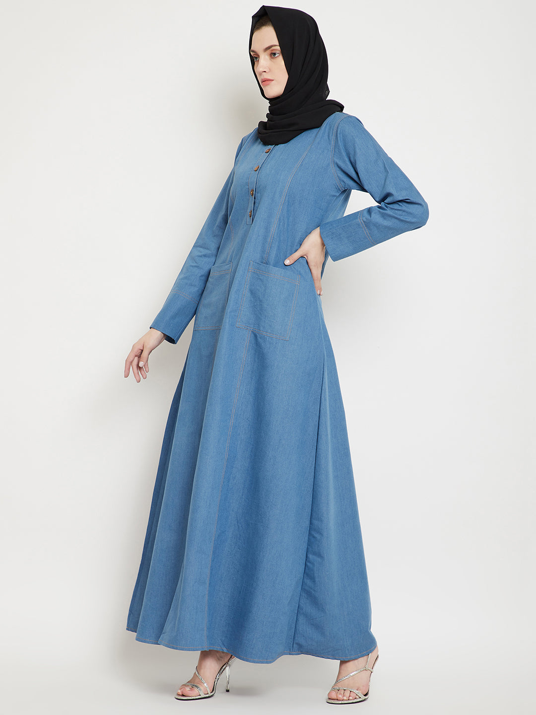 Nabia Women Blue Solid Denim Cotton Fabric Abaya with 2 Patch Pockets With Georgette Scarf