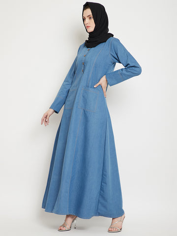 Nabia Women Blue Solid Denim Cotton Fabric Abaya with 2 Patch Pockets With Georgette Scarf