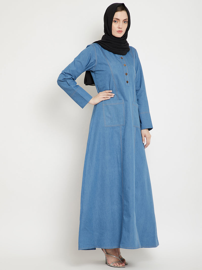 Nabia Women Blue Solid Denim Cotton Fabric Abaya with 2 Patch Pockets With Georgette Scarf