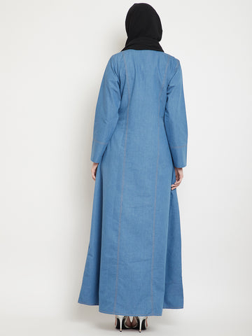 Nabia Women Blue Solid Denim Cotton Fabric Abaya with 2 Patch Pockets With Georgette Scarf