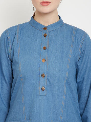 Nabia Women Blue Solid Denim Cotton Fabric Abaya with 2 Patch Pockets With Georgette Scarf