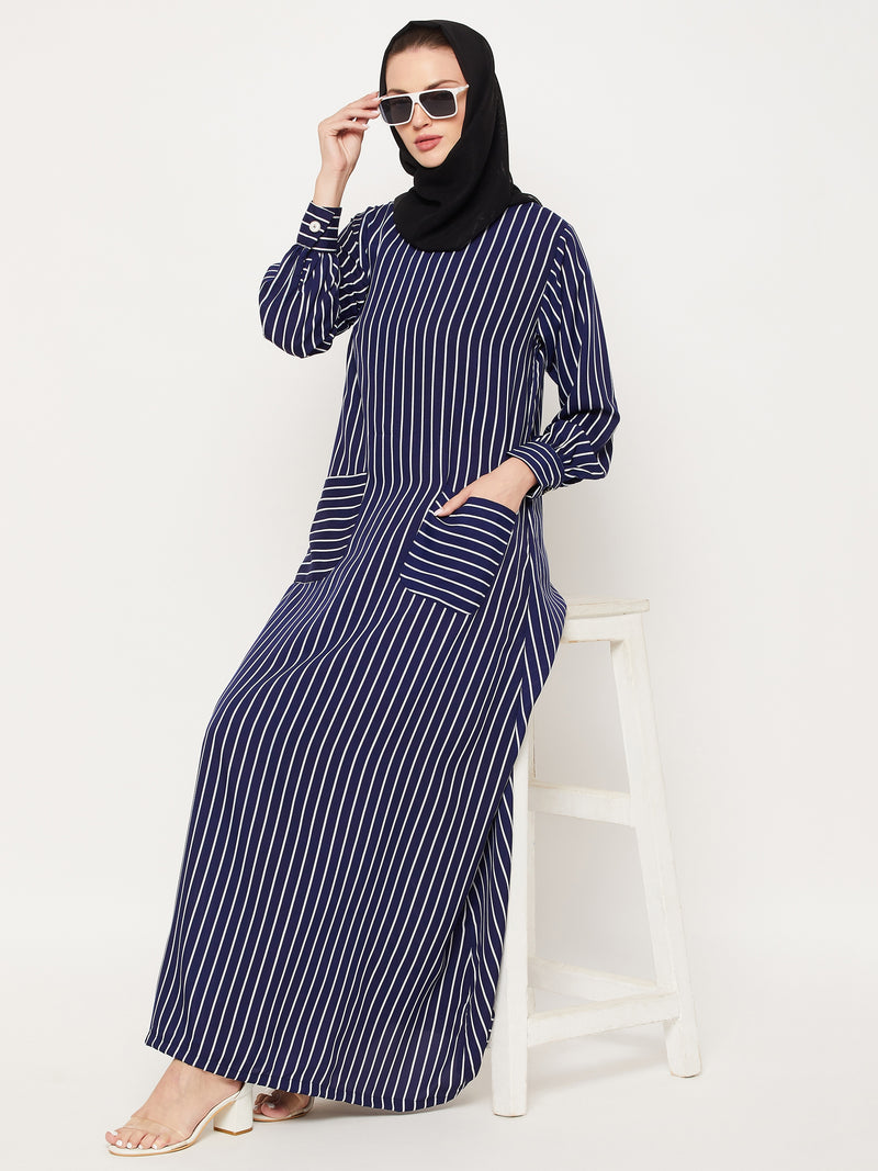 Nabia Blue Striped Crape Women Abaya With Georgette Scarf