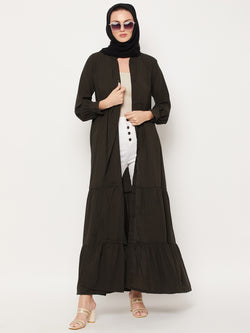 Nabia Olive Green Frilled Nida Matte Fabric Women Abaya With Georgette Scarf