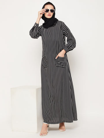 Nabia Black Striped Crepe Women Abaya With Georgette Scarf