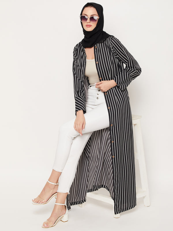 Nabia Black Striped Crape Front Open Women Abaya With Georgette Scarf
