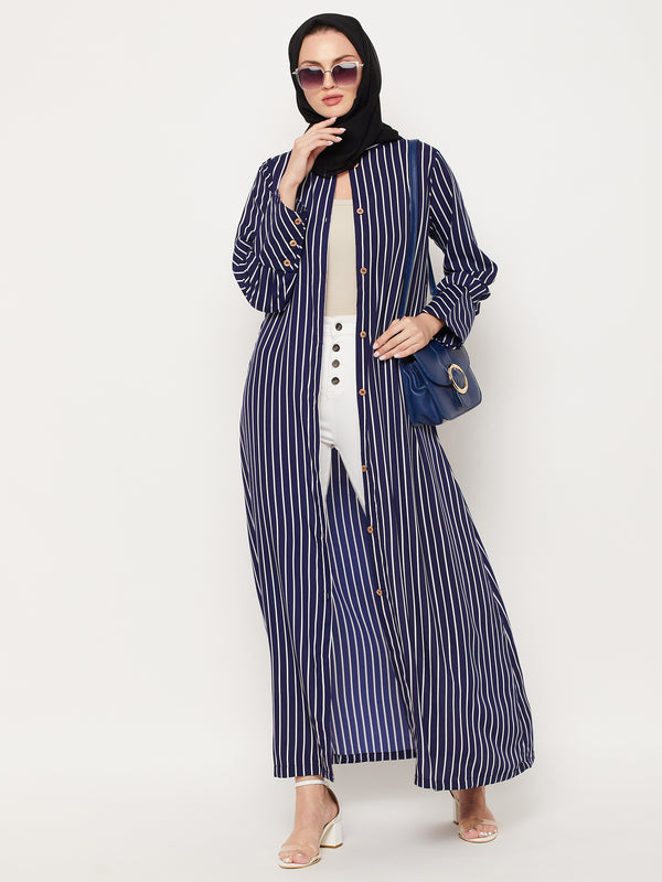 Nabia Blue Striped Crape Front Open Women Abaya With Georgette Scarf