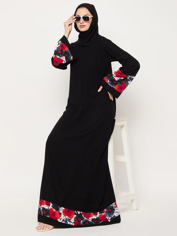 Nabia Black & Red Design Nida Matte Fabric Abaya With Georgette Scarf