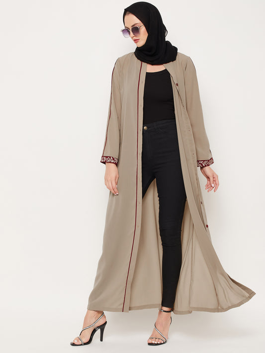 Nabia Beige Front Open Embroidery Work Women Abaya with Georgette Scarf
