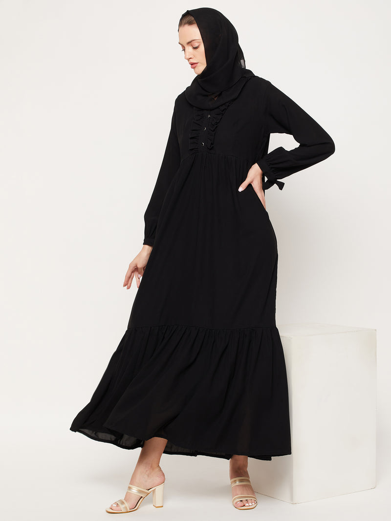 Nabia Black Ruffle Nida Matte Fabric Women Abaya With Georgette Scarf