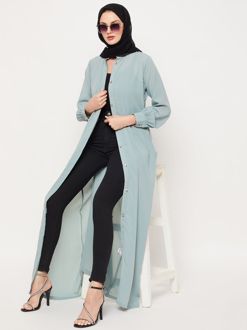Nabia Sea Green Nida Mate Fabric Front Open Abaya With Georgette Scarf