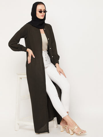 Nabia Olive Green Nida Mate Fabric Front Open  Abaya With Georgette Scarf