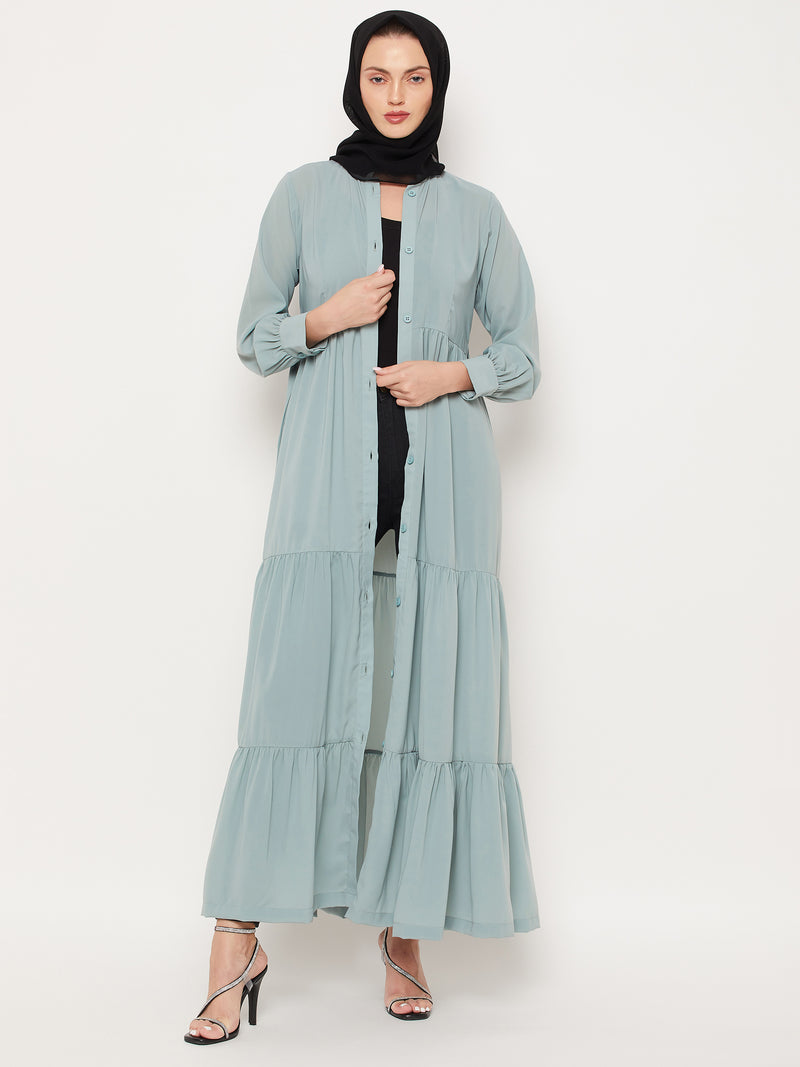 Nabia Sea Green Frilled Nida Matte Fabric Women Abaya With Georgette Scarf