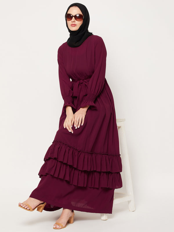 Nabia Maroon Frill Nida Matte Fabric Abaya Dress With Georgette Scarf
