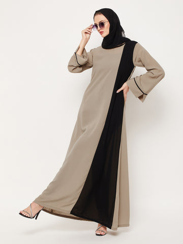 Nabia Beige & Black Nida Matte Fabric Abaya For Women With Georgette Scarf