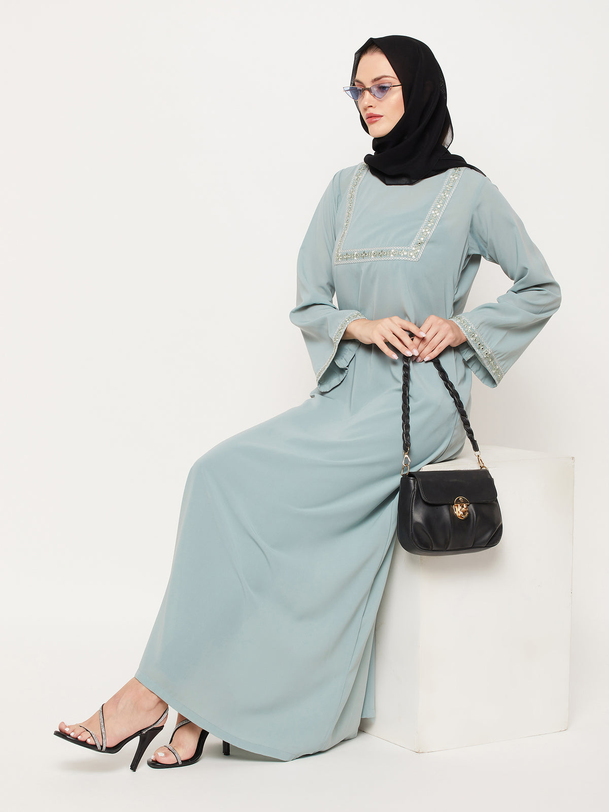 Nabia Sea Green Nida Matte Fabric Embroidery Work Women Abaya With Georgette Scarf